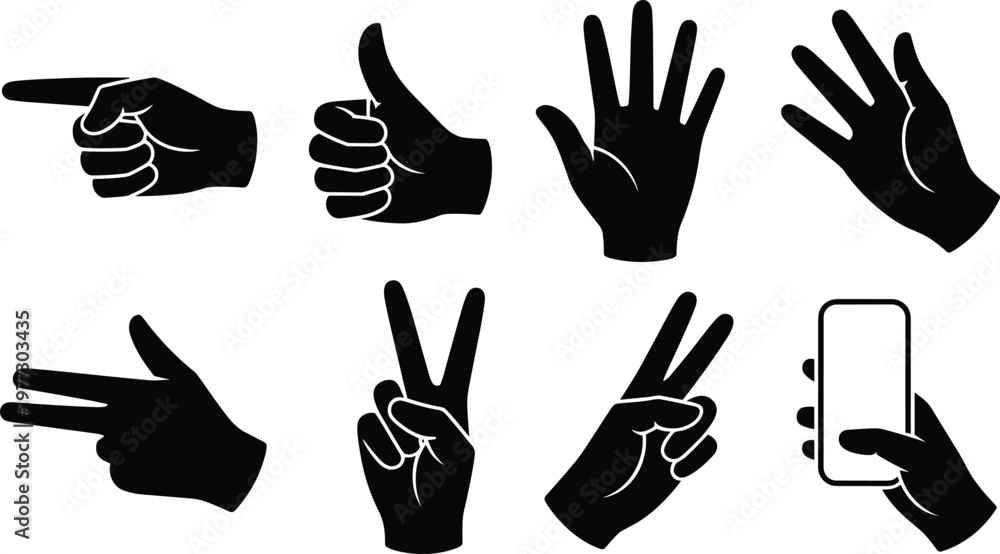 Fototapeta premium Hand gesture silhouettes showing pointing, thumbs up, peace signs, open palm, smartphone holding, and expressive communication vector illustration design