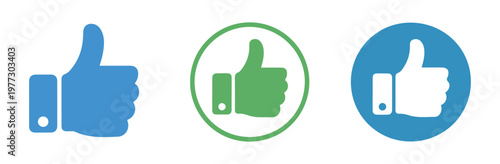 Colorful thumb up icon collection featuring blue and green hand gestures inside circular frames and silhouettes.