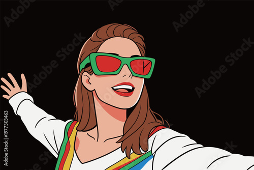 Woman in Retro 3D Glasses Taking Selfie