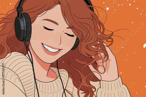 Happy Woman with Headphones Listening to Music