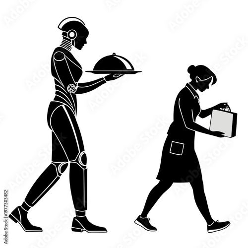 A vector graphic illustration of a robot and a human walking side by side, carrying food and a bag