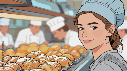 Bakery Scene with Female Baker and Pastries