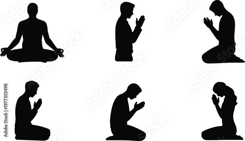 Silhouette collection of meditation and prayer poses showing spiritual mindfulness, yoga practice, peaceful contemplation, relaxation, and inner harmony illustration