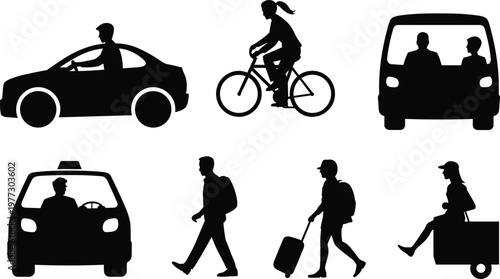 Transportation silhouettes showing driving, cycling, walking, taxi, bus travel, luggage pulling, backpack journey, and mobility vector illustration design