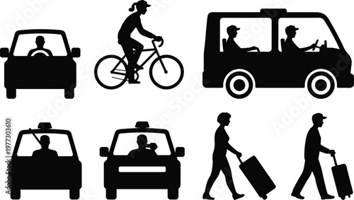 Transportation silhouettes showing car driving, bicycle riding, van travel, taxi icons, and walking passengers with rolling suitcases for commuting vector