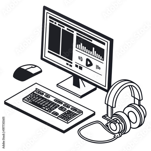 A minimalist vector graphic illustration of a computer workstation with audio editing software on the screen