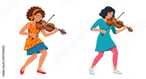 Two women playing violins showcasing musical talent and vibrant styles