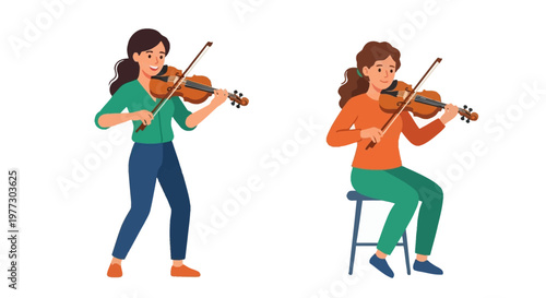 Two young women joyfully playing violins in a simple colorful illustration