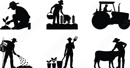 "Vector farming silhouettes showing planting, harvesting, tractor driving, watering, gardening, and livestock care activities for agriculture illustration content"