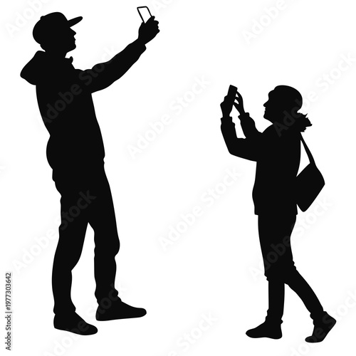 A vector graphic illustration of two people taking selfies with their smartphones in a minimalist silhouette style