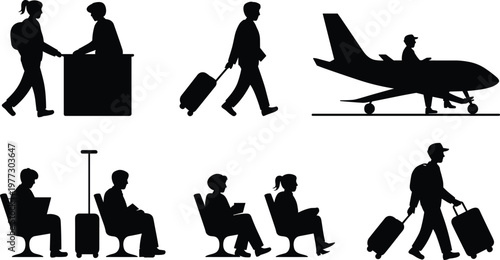 Vector air travel silhouettes showing check-in, luggage carrying, airplane seating, airport waiting, and passenger journey activities for travel illustration