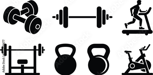 Vector silhouette icons of gym and fitness equipment including dumbbells, barbell, treadmill, kettlebells, bench press, and exercise bike illustration
