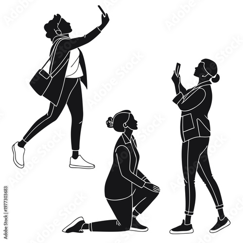 A vector graphic illustration of three women in different poses taking selfies with their smartphones