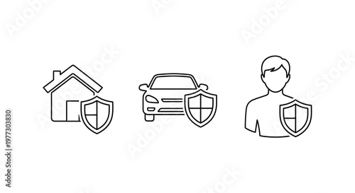 Insurance icons depicting home auto and personal protection silhouette
