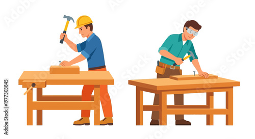 Two carpenters working diligently with wood and tools in a workshop