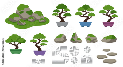 Stylized bonsai trees rocks and zen garden elements illustration
