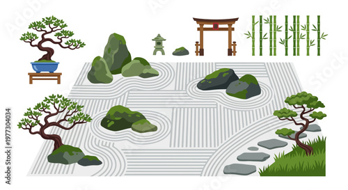 A serene japanese zen garden with rocks plants and a torii gate