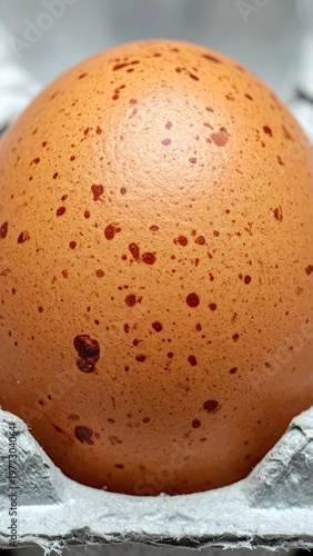 Close-up of speckled egg nestled in a cardboard egg carton