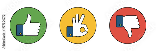 Feedback evaluation system with green thumb up yellow ok hand and red thumb down icons for rating and assessment.