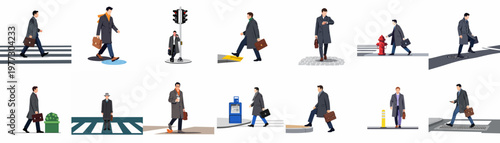 Collection of flat vector illustrations featuring a businessman in a coat and carrying a briefcase in various urban outdoor city street settings.