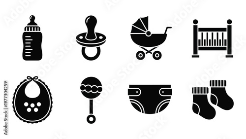 A collection of black silhouette icons representing baby essentials like bottles strollers and clothing items high quality professional detailed modern elegant