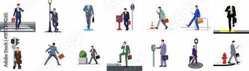 Collection of illustrations depicting businessmen in various urban activities and street scenes, showcasing professional lifestyle and daily routines in the city.