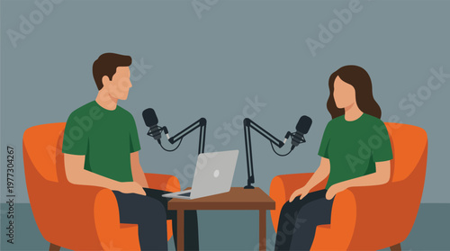Two people recording a podcast episode.