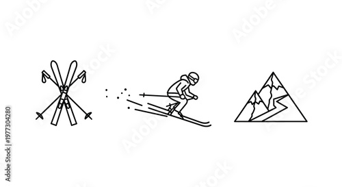 Skiing elements including skis a skier and mountains a silhouette