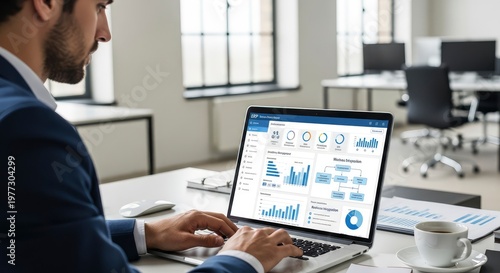 Professional Businessman Analyzing Enterprise Resource Planning ERP Software Dashboard on Laptop in Modern Office