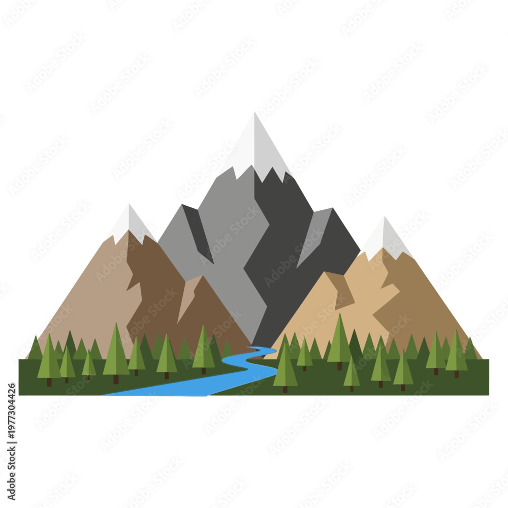 Fototapeta premium Stylized mountain range landscape with river and trees illustration