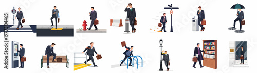 A diverse collection of flat design illustrations depicting a businessman in various urban commuting and city life scenarios, including walking, waiting, and navigating.