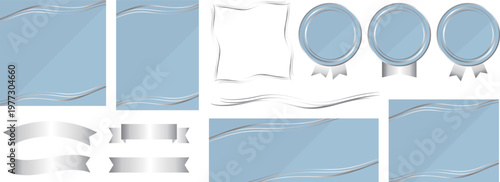 高級感のあるラインの背景と装飾セット　くすみブルー＆シルバー