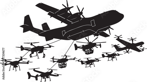 Military drone swarm, unmanned aerial vehicles, black silhouette, aircraft formation, vector graphics