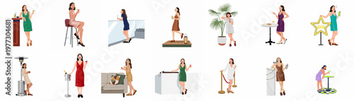 Set of flat illustrations featuring women enjoying various nightlife and party activities, including drinking cocktails, dancing, and socializing at a bar or club.