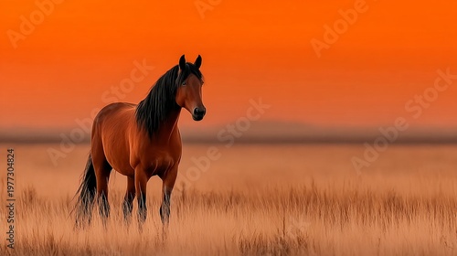 Brown horse standing in field at orange sunset landscape