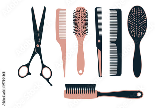 Professional Hair Salon Tools Set: Vector Illustration of Scissors, Combs, and Brushes for Beauty and Hairstyling Concepts