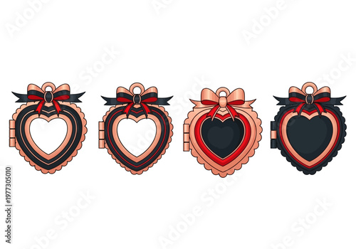 Set of Gothic Rose Gold Heart Lockets with Ribbons and Bows Isolated on White - Romantic Emo Style Jewelry Illustration Collection