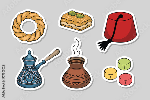 Turkish traditional tea party stickers set featuring coffee Turk for brewing coffee tea cup baklava sesame bagel delight and fez isolated on white background.