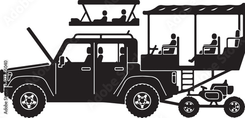 Safari tour Jeep, tourist transportation, black vector illustration, travel icon