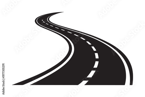 Winding road illustration with dashed lines and perspective silhouette