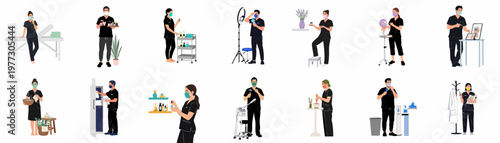 Collection of medical spa professionals and estheticians performing various skincare treatments, consultations, and salon procedures in black uniforms and face masks.