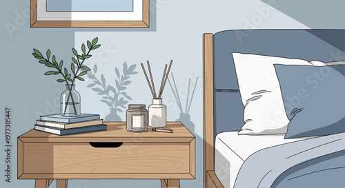 Bedside Table with Decor and Bed.