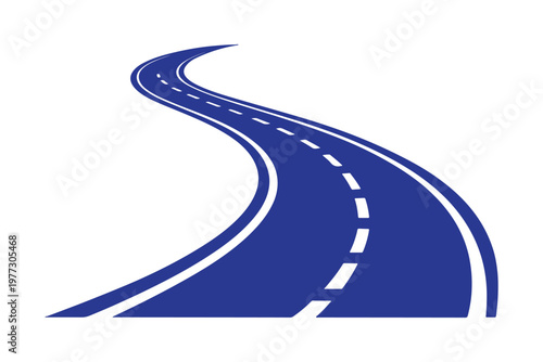 Winding road illustration with dashed lines and perspective silhouette