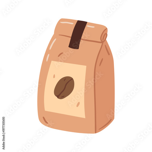 Coffee bag with a bean label. Hand drawn vector illustration.