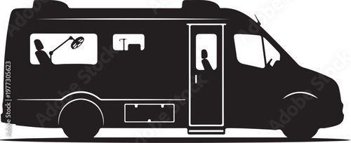 Campervan, motorhome, RV silhouette, black vector icon, travel vehicle