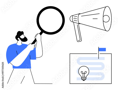 Business analysis concept. Business analysis involves examining ideas, innovation, and communication strategies. Business analysis supports decision-making and goal planning. For marketing, startups