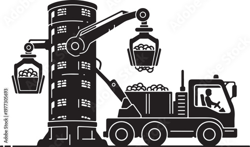 Industrial grain loader, bulk cargo truck, silo, agriculture transport, heavy machinery