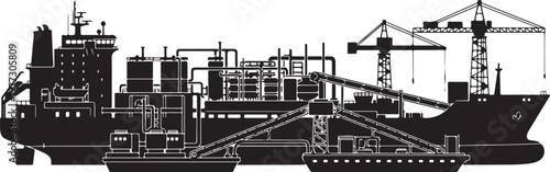 Industrial cargo ship, tanker vessel, harbor crane, dockyard equipment, black and white vector