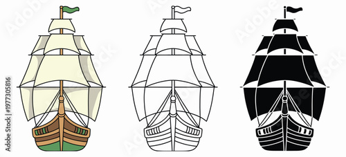 Traditional sailing ship silhouette outline and illustration set isolated on transparent background detailed maritime vessel design.