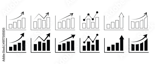Collection of Business Growth Bar Chart Icons with Rising Arrow vector set